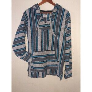 Vintage Hang Ten Baja Knit Sweater Hoodie Medium Gray Black White Turquoise Blue